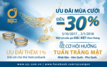 Ưu đãi đến 30% khi mua sản phẩm nữ trang vàng 99%, nhẫn cưới vàng khi thanh toán bằng thẻ Vietcombank, Eximbank